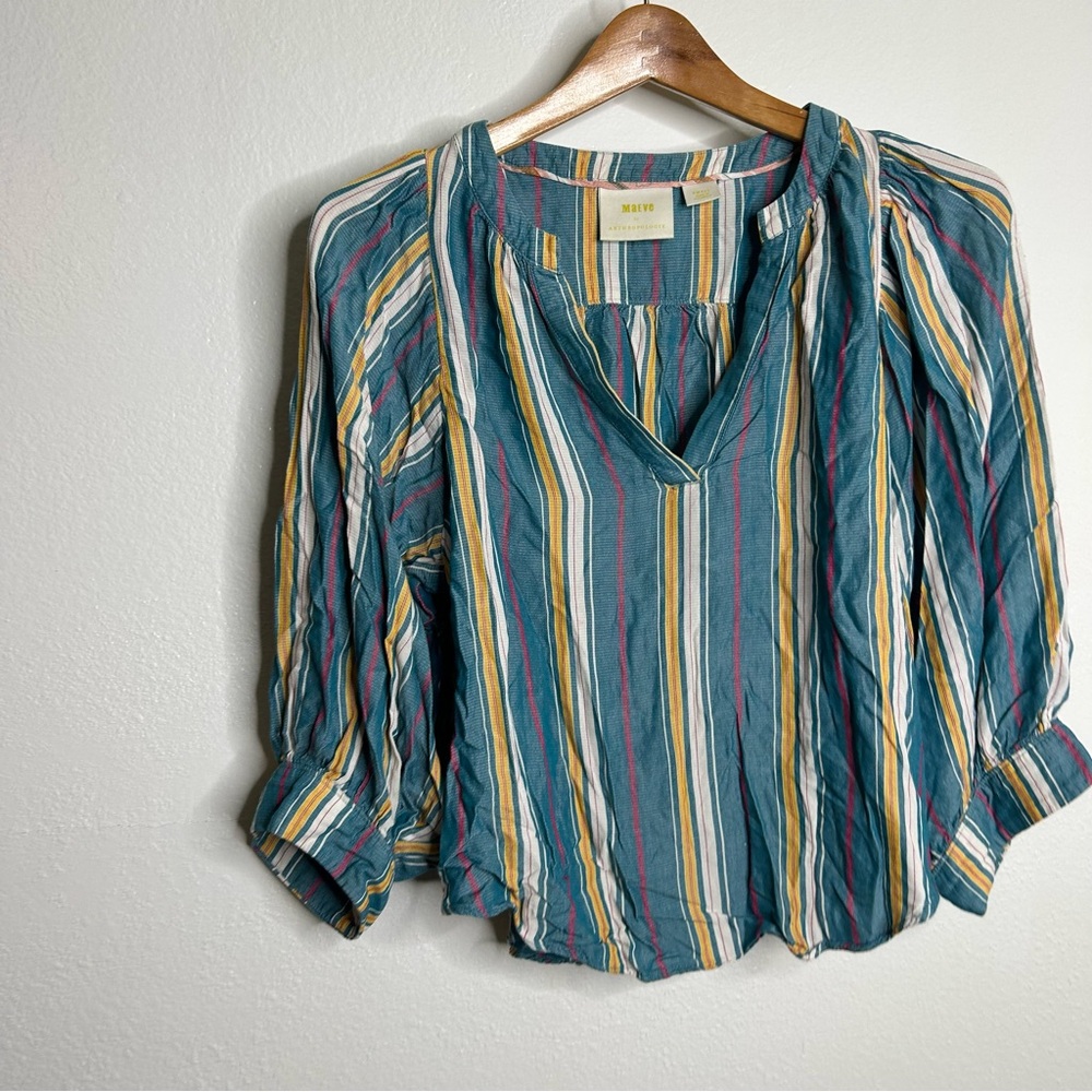 Anthropologie Maeve Teal Striped Oversized Balloon Sleeve Blouse Size Small - Picture 3 of 10